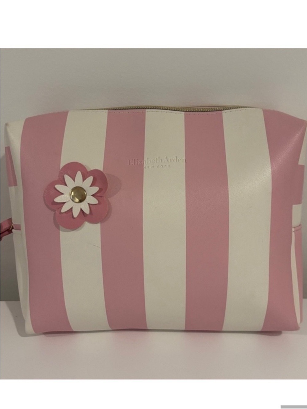 ELIZABETH ARDEN New York large make up bag cosmetic case pink & white stripes
